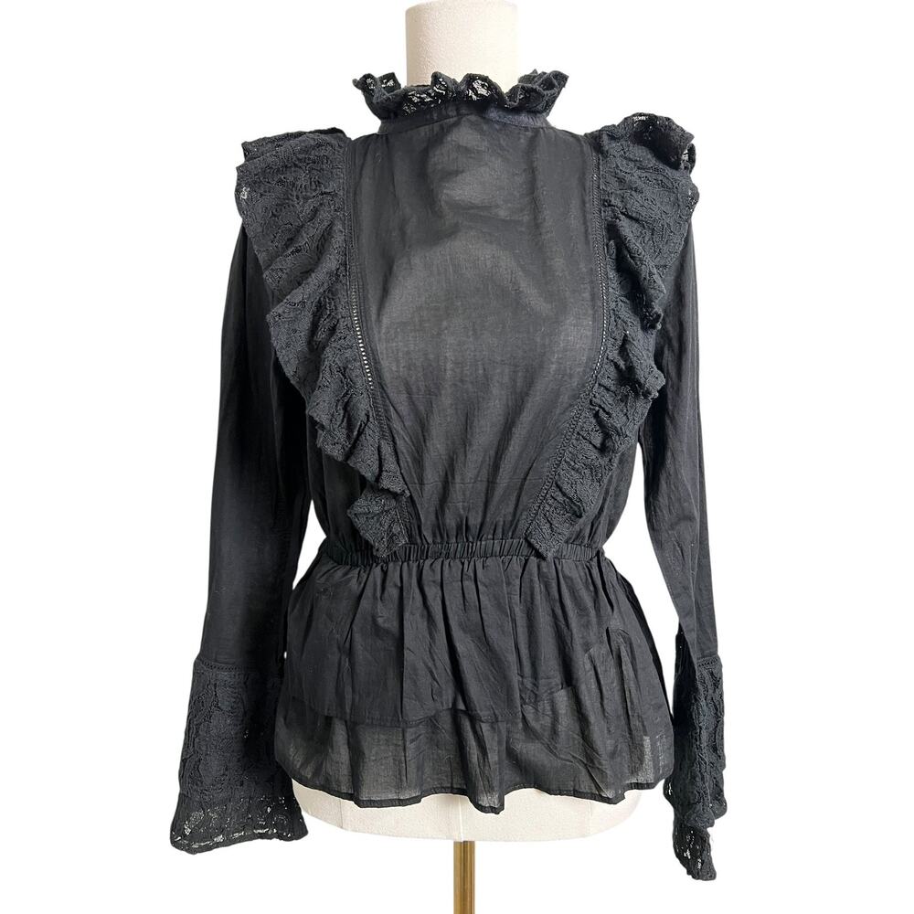 Walter Baker Blouse Black Ruffle High Neck Steampunk Top Whimsigoth Victorian S